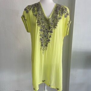 Johnny Was Neon Yellow Embroidered V-Neck Tunic